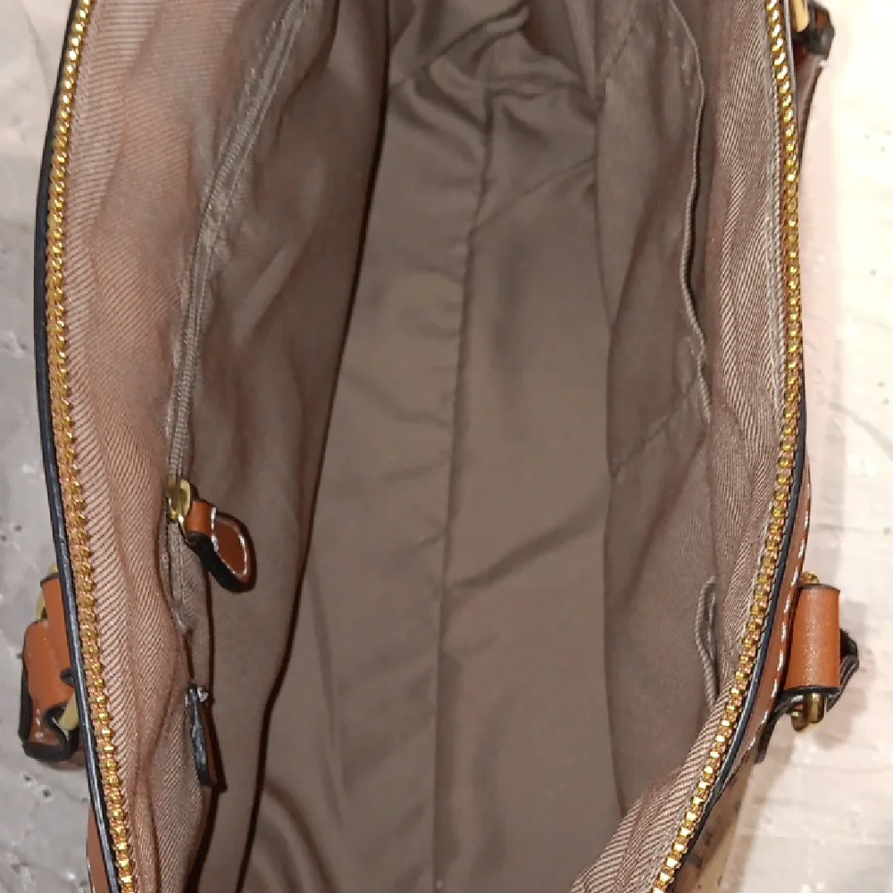 Brown Patterned Tote Bag with Tan Trim